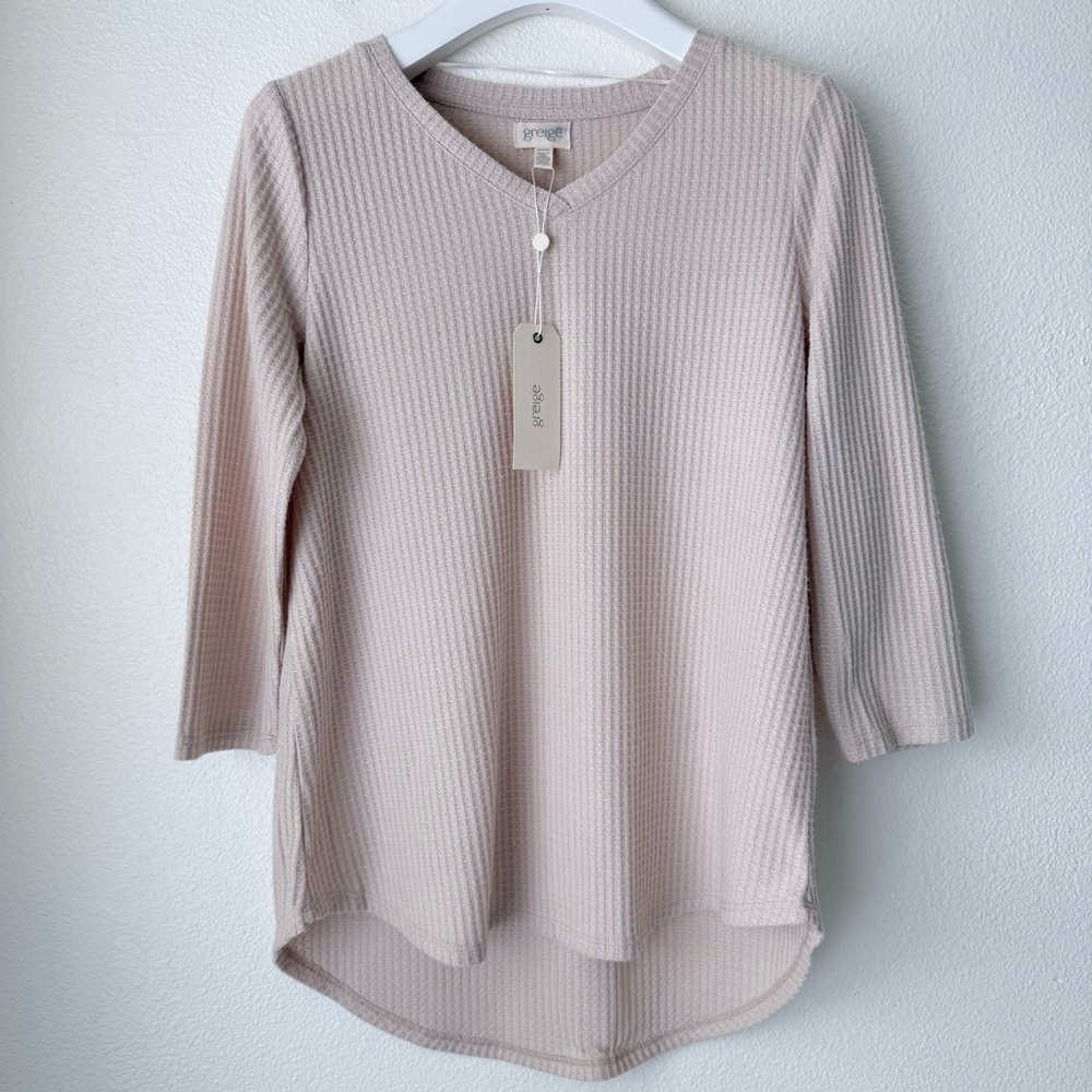 NWT Greige V-Neck Waffle Knit 3/4 Sleeves Tunic Top Neutral Beige Size Medium
